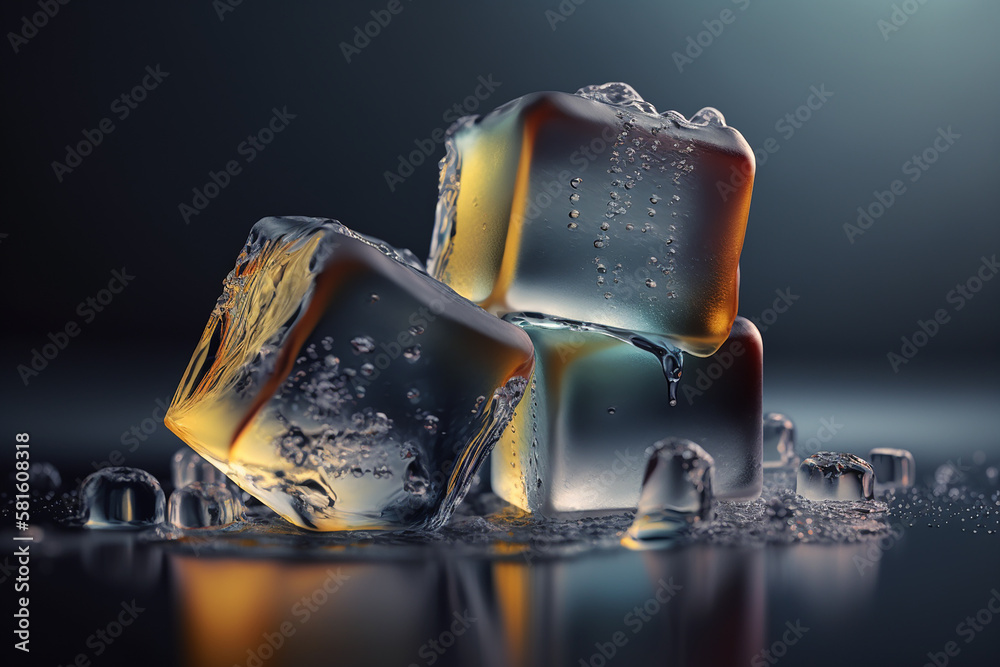 Melting Ice cubes with water drops on a table. Clear ice in cube shape.  Frozen water.