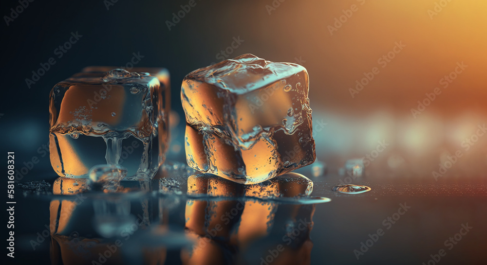Melting Ice cubes with water drops on a table. Clear ice in cube shape