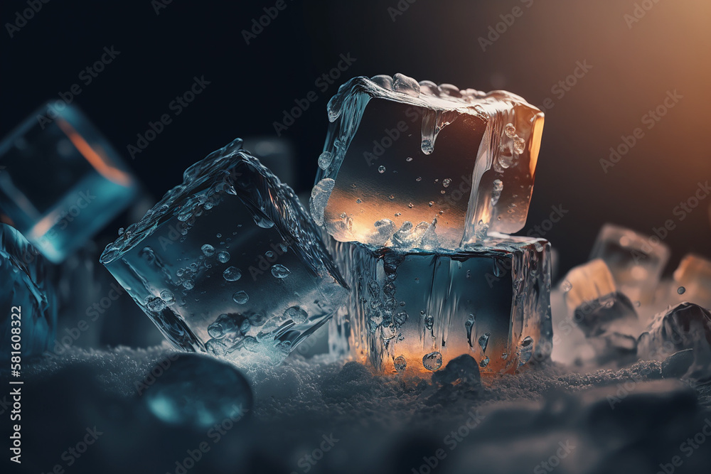 Melting Ice cubes with water drops on a table. Clear ice in cube shape