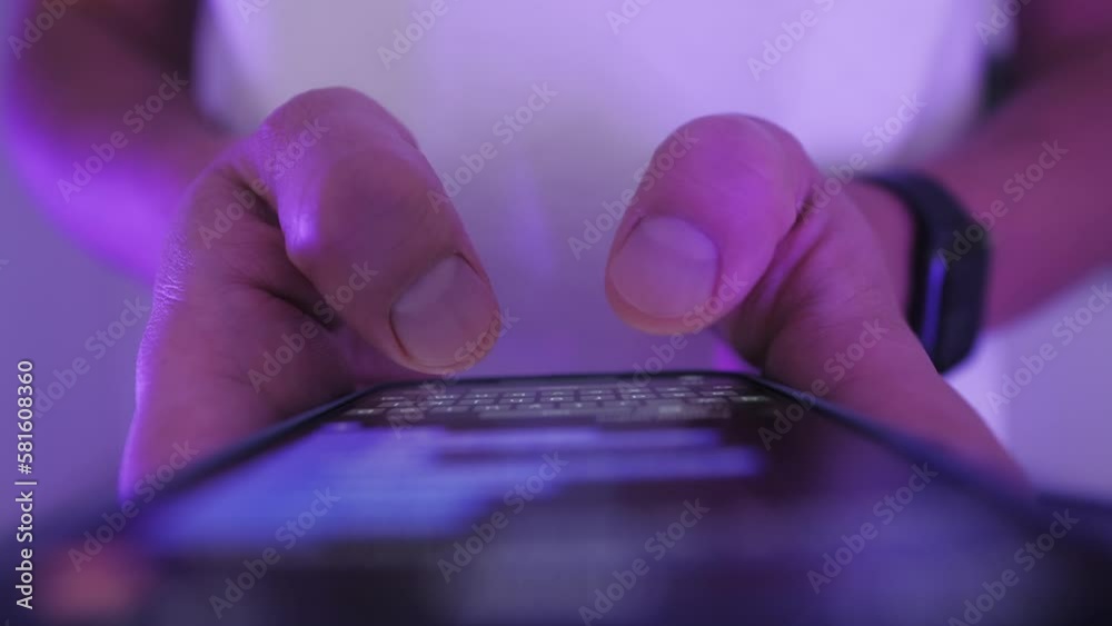 Woman chatting online on smartphone macro close up, typing text message, touching touchscreen keyboard, using messenger application. Female holding mobile phone, close up, swiping social media. 