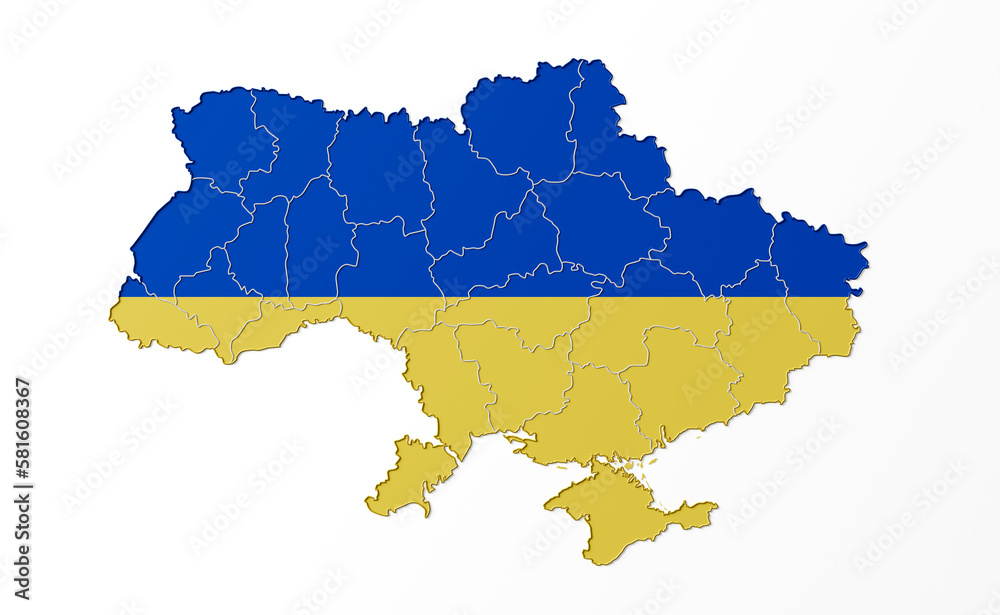 Ukraine map. Ukraine. Europe. War in Ukraine. White background. Map of the Ukraine in the colors of the flag with individual regions. 3D Illustration. Ukraine map. Ukraine. Europe. War in Ukraine. White background. Map of the Ukraine in the colors of the flag with individual regions. 3D Illustration.