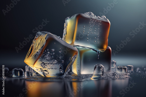Melting Ice cubes with water drops on a table. Clear ice in cube