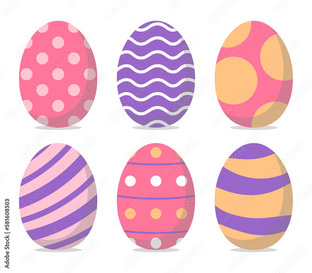Collection Of Colored Easter Eggs. Pink, Purple, Beige. Vector Illustration In Flat Style