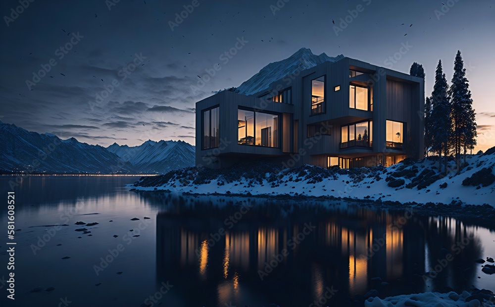 Fototapeta premium Illustration, of a design house, in landscape, of a dream, created ai