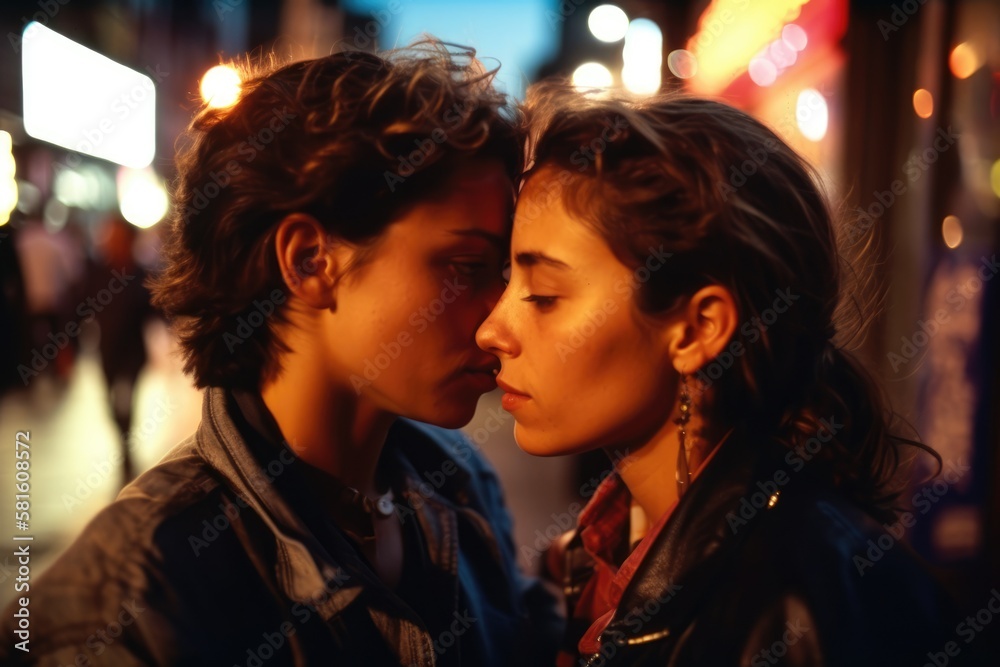 Young lesbian couple in their moment of intimacy at night in the street. This image was created with generative AI Young lesbian couple in their moment of intimacy at night in the street. This image was created with generative AI