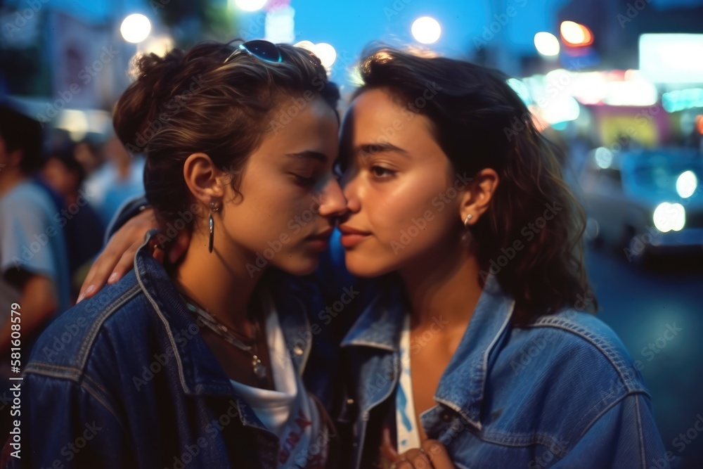 Young lesbian couple in their moment of intimacy at night in the street. This image was created with generative AI Young lesbian couple in their moment of intimacy at night in the street. This image was created with generative AI