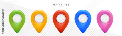 Pin set with shadow. Map marks for gps point. Vector 3d plastic pushpins or board tacks for paper notice isolated on transparent background