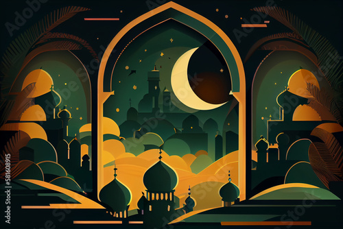 Ramadan card dark green design  - generative ai photo