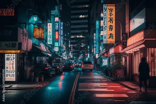 A night of the neon street at the downtown in Shinjuku Tokyo wide shot, Generative AI