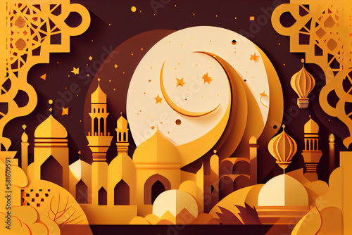 Ramadan illustration yellow moon and mosque shapes - generative ai photo