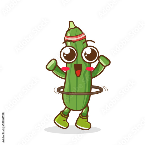 cute cucumber cartoon is playing hula hoop. cucumber rotates the hula hoop on white background. Sport concept.