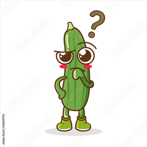 cute cucumber mascot or character have question or confused. cute cucumber Concept White Isolated.