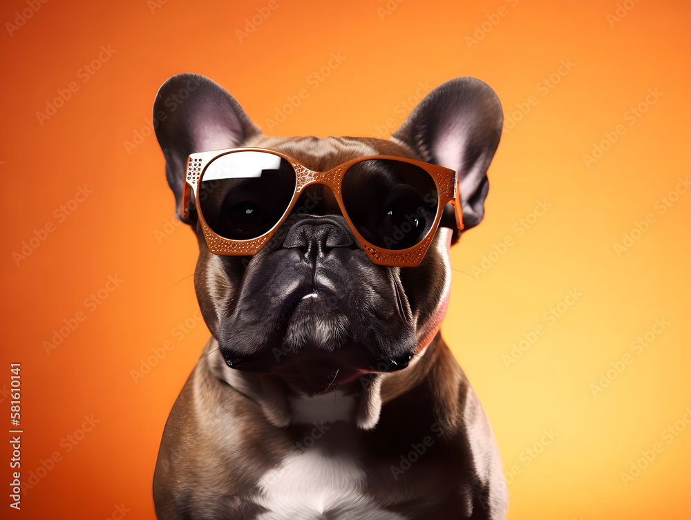 French bulldog wearing sunglasses. Clean background