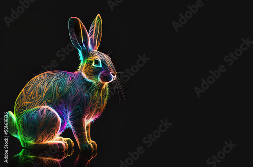 Neon easter bunny, luminescent colorful easter rabbit, neon rabbit, colorful bunny, copy space, space for text, isolated on black, card, generative Ai