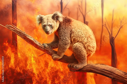 Koala running away from the bushfires that are raging in Australia. Concepts of rescuing koalas, global warming, natural disaster, and climate change. The existence of koalas is in danger.