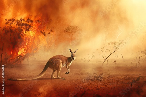 A kangaroo stands in the foreground of an Australian bushfire, illustrating the devastating effects of global warming, climate change and natural disasters on the nation's wildlife. © bennymarty