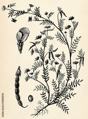 Root system, stem, flowers and fruits of Ornithopus sativus. Antique stylized illustration. photo