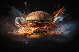 Tasty grilled burger with beef, cheese, baked vegetables and fruits, onion jam, sauces explosion Generative AI
