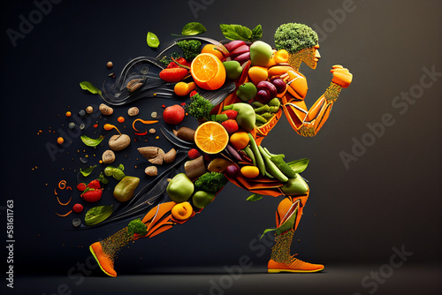 I take care of myself, we are what we eat. illustration of a running man made up of pieces of fruits and vegetables, healthy food for a complete healthy life. nutrition. lifestyle. black background