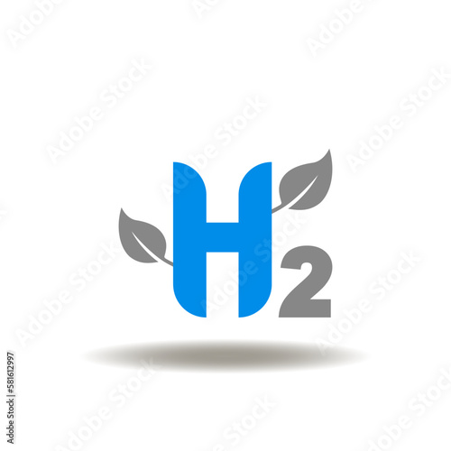 Vector illustration of H2 chemical element and leaves. Icon of hydrogen ecological fuel production. Symbol of alternative renewable green energy resources.