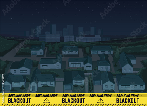 Panoramic view of the suburban area and city buildings in the moonlight. Night city without lighting. Emergency power failure. Blackout. Public notification. Information poster. Vector illustration.