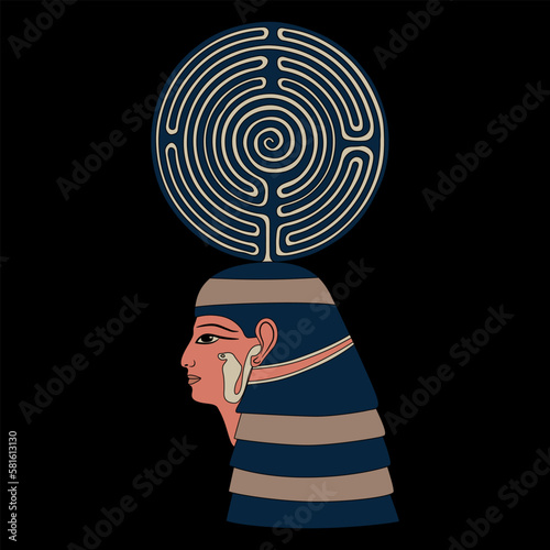 Head of ancient Egyptian queen woman or goddess holding a round spiral maze or labyrinth symbol. Religious mythological concept. On black background.