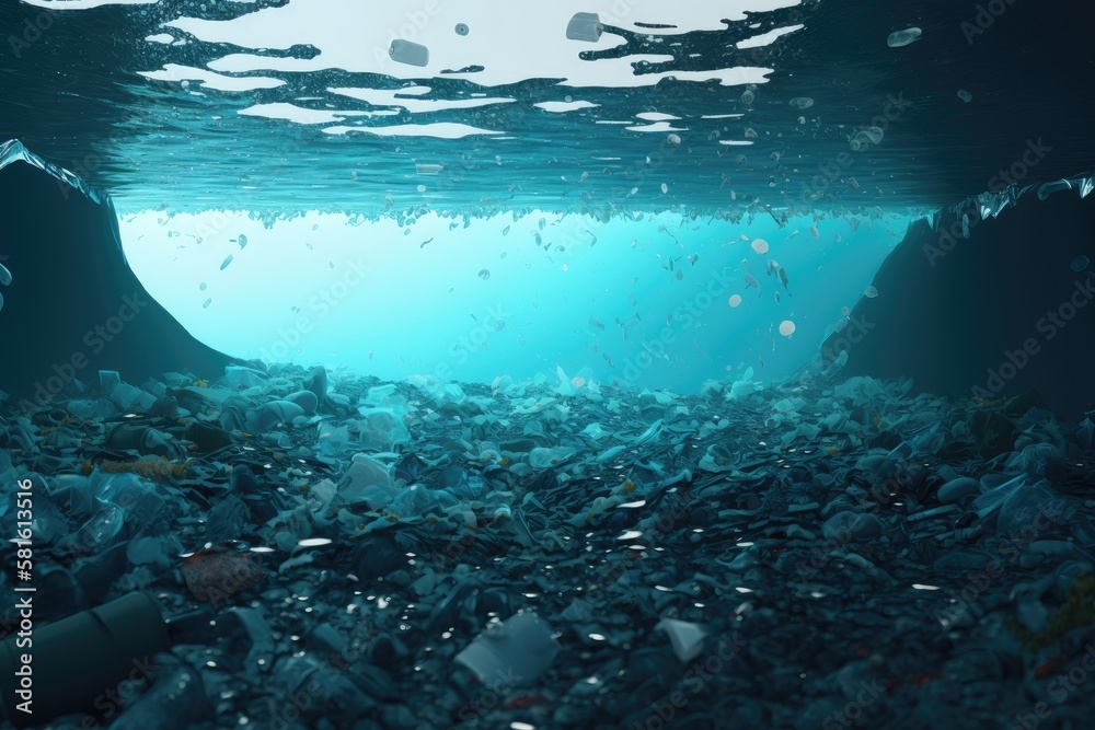 Fototapeta premium Plastic bottles and plastic parts float underwater in the ocean and pollute the sea - 3d illustration Generative AI