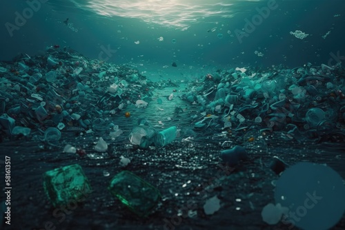 Plastic bottles and plastic parts float underwater in the ocean and pollute the sea - 3d illustration Generative AI © ChaoticMind