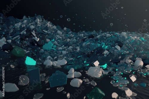 Plastic bottles and plastic parts float underwater in the ocean and pollute the sea - 3d illustration Generative AI © ChaoticMind