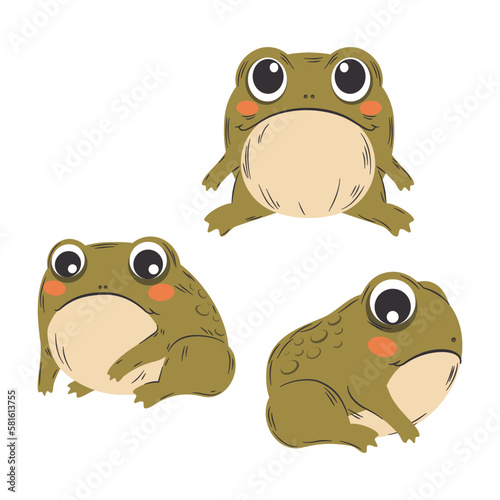 Zabawna żaba w trzech wersjach. Zielona ropucha. Kolorowy komiksowy zwierzak. Ilustracja wektorowa.