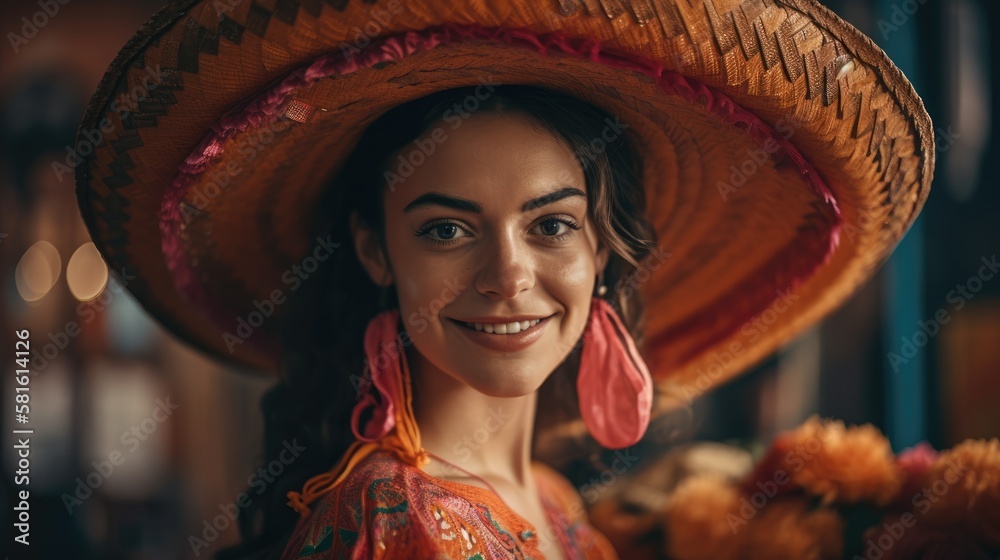 portrait of a smiling beautiful Mexican woman wearing a Mexican hat