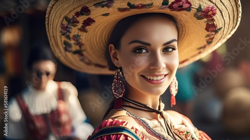 portrait of a smiling beautiful Mexican woman dancing wearing a Mexican hat. Generative AI photo