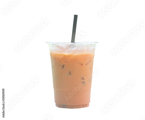 Orange Thai iced condensed milk tea in transparent plastic glass with straw is isolated on white background with clipping path in png file format