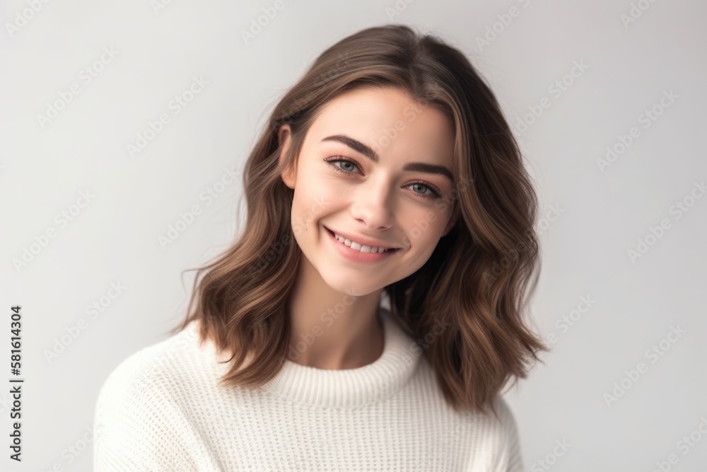 Beautiful smiling brunette woman wearing a white sweater on white background, looking at the camera. Generative AI Beautiful smiling brunette woman wearing a white sweater on white background, looking at the camera. Generative AI