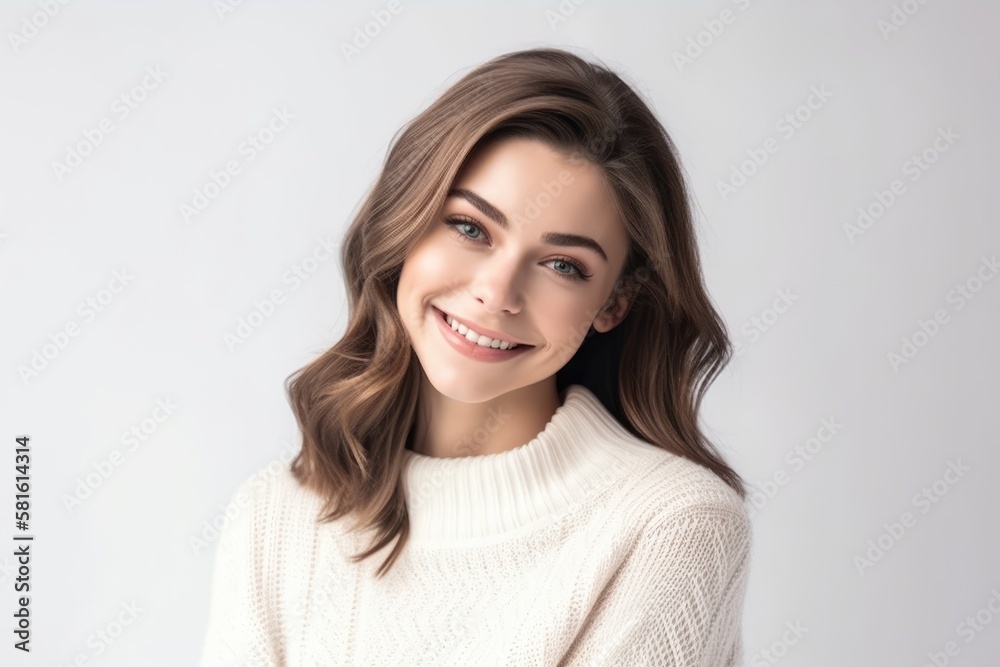 Beautiful smiling brunette woman wearing a white sweater on white background, looking at the camera. Generative AI Beautiful smiling brunette woman wearing a white sweater on white background, looking at the camera. Generative AI