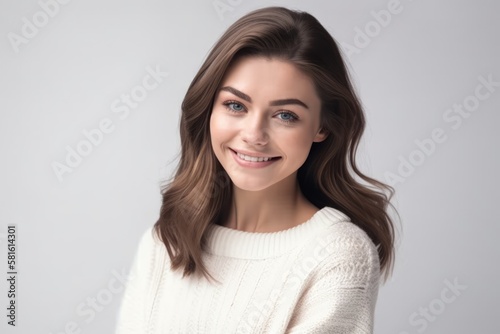 Beautiful smiling brunette woman wearing a white sweater on white background  looking at the camera. Generative AI