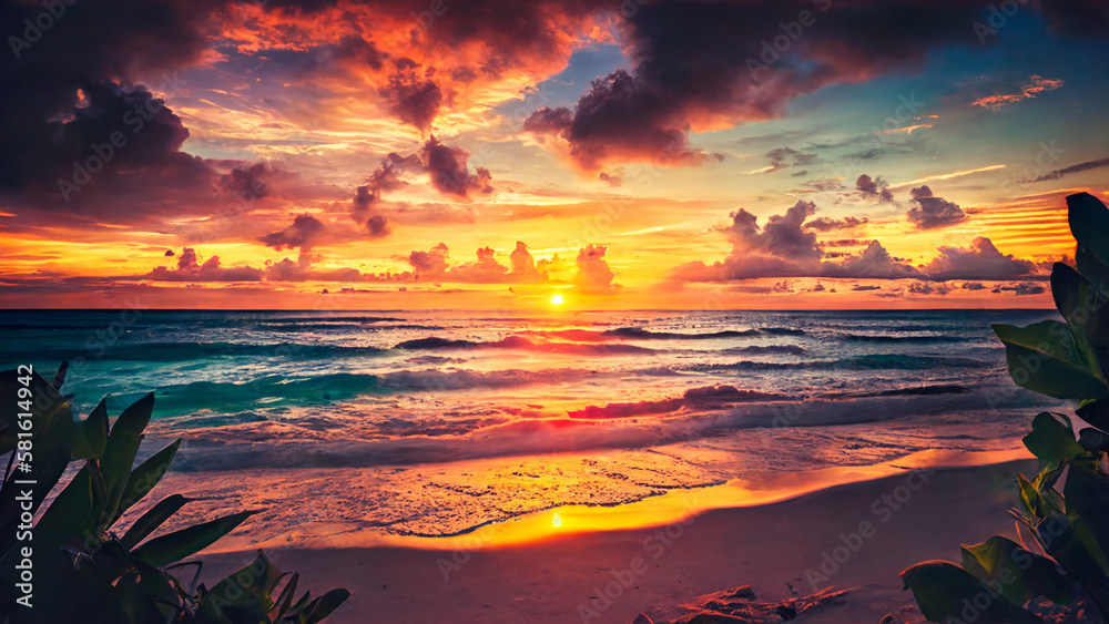 beautiful sunset on the sea,  wave, beach, cloud, sunlight