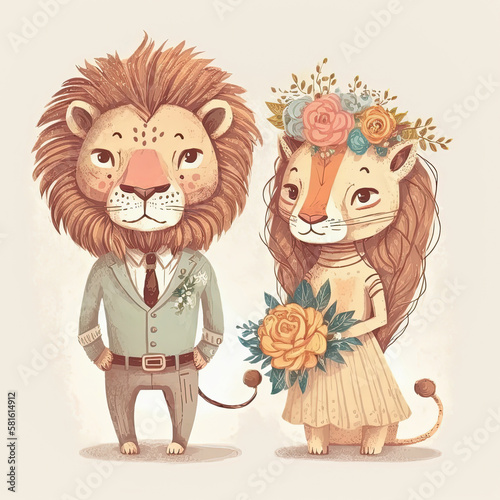 Lion bride and groom. Lovely wedding couple. Just Married