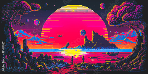 Pixel art game location. Cosmic area, planet surface. Seamless vector background