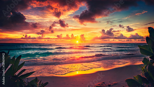 beautiful sunset on the sea, wave, beach, cloud, sunlight