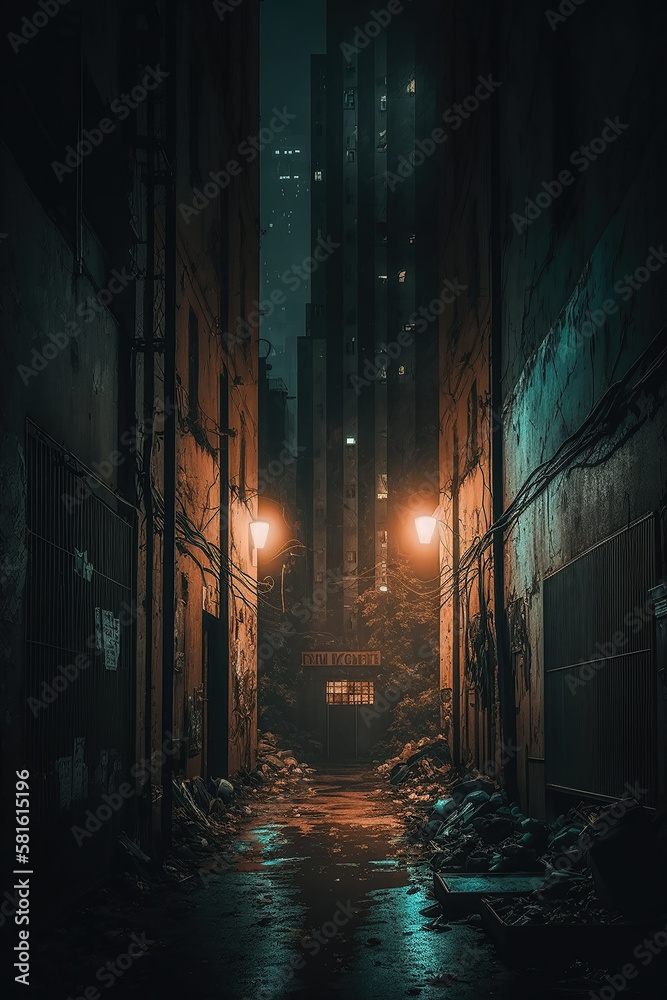 Dark alley between two high buildings at night, spooky and dirty with rubbish lying about. Generative AI. Dark alley between two high buildings at night, spooky and dirty with rubbish lying about. Generative AI.