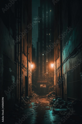 Dark alley between two high buildings at night, spooky and dirty with rubbish lying about. Generative AI.