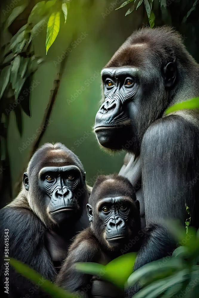 Family of gorillas grooming each others in nature ai generative Family of gorillas grooming each others in nature ai generative