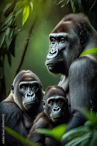 Family of gorillas grooming each others in nature ai generative