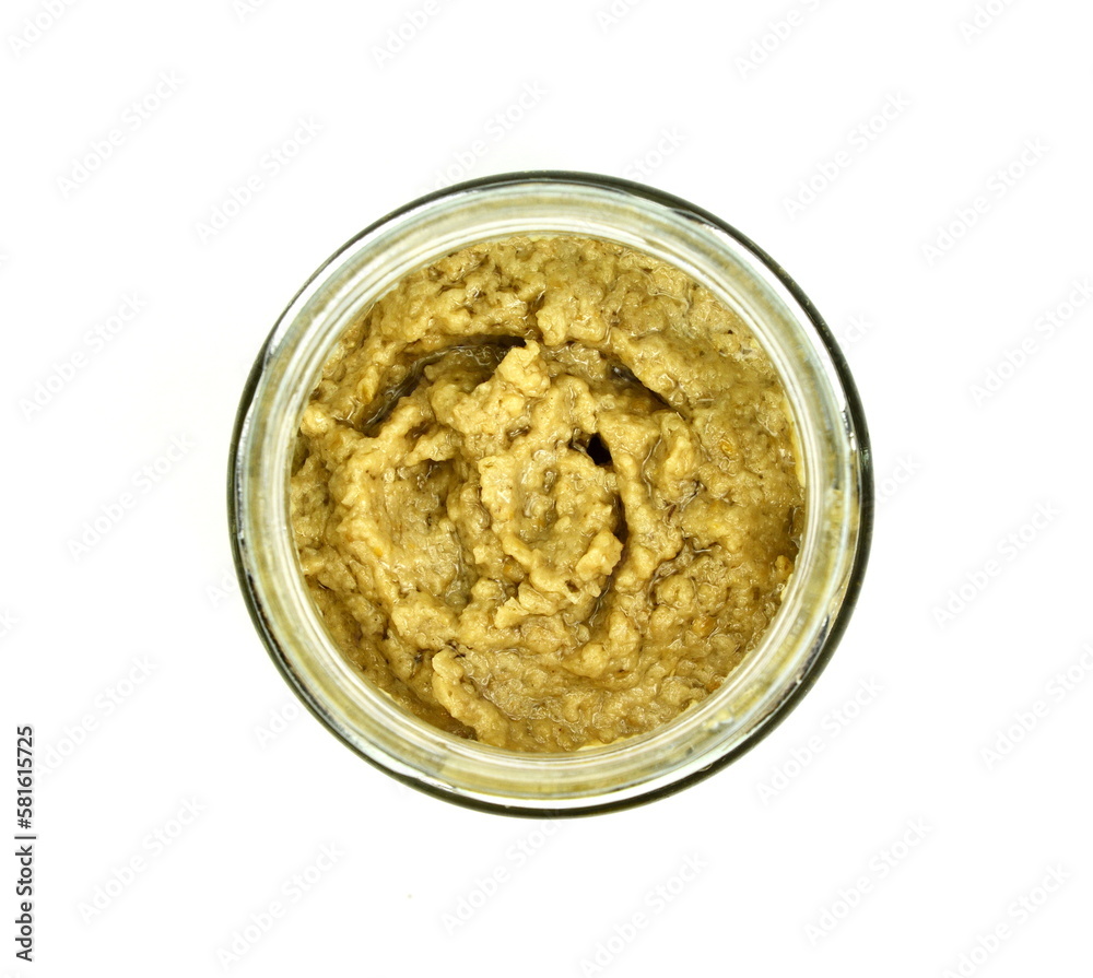 Eggplant dip with boletus isolated on white background. Eggplant spread with boletus isolated. Eggplant dip with boletus isolated on white background. Eggplant spread with boletus isolated.