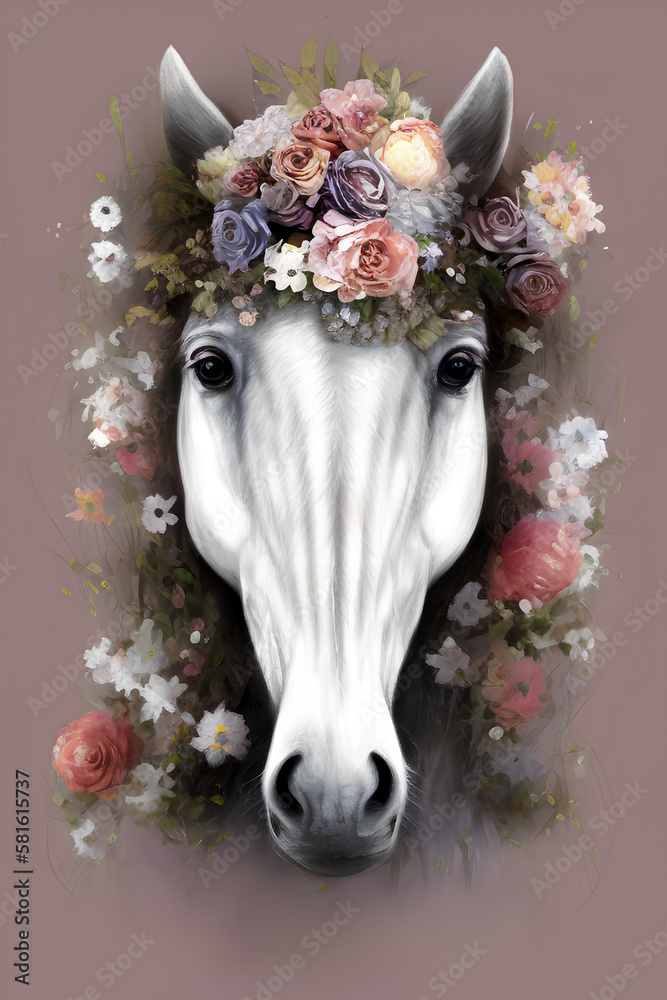 Horse with floral decorations on its head. generative AI