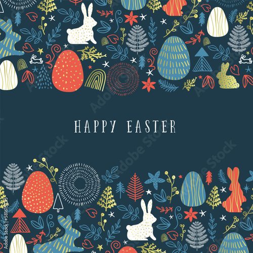 Happy easter hand drawn doodle in folk style, greeting card illustration