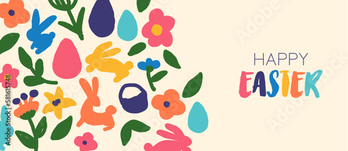 Happy easter colorful hand drawn doodle banner illustration in simple style.