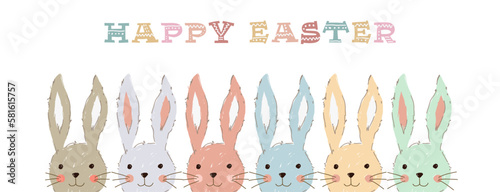 Photographie Cute easter rabbits in pastel color hand drawing banner illustration