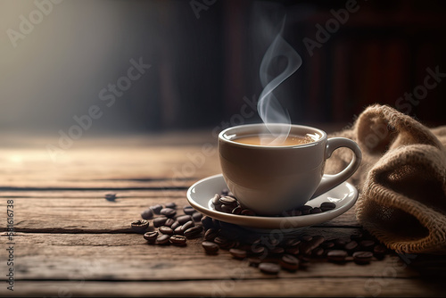 White Cup of hot coffee on a rustic wood table, aroma, steam, coffee beans - ai generative